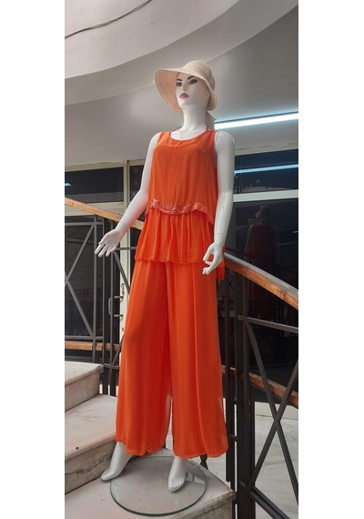 İtalyan Payetli İpek Bluz Pantolon Takım Oranj