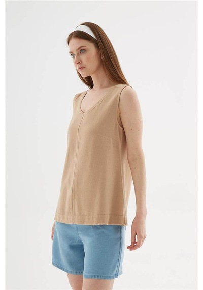 Fashion Friends V Yaka Bej Kadın Bluz 26y0530k1