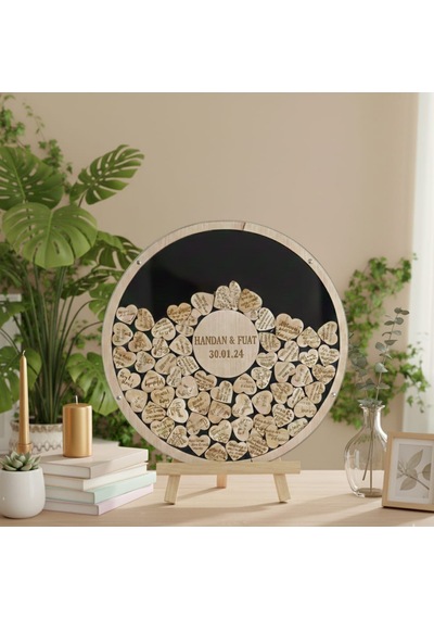 Düğün-nişan Siyah Pleksi 50 Cm Yuvarlak Misafir-hatıra Anı Kutusu-defteri + Şövale Ve Kalem Hediyeli
