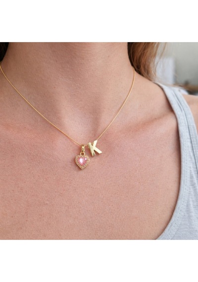 14k Altın Renginde K Harf Pembe Kalpli Minimal Çelik Kadın Kolye Altın