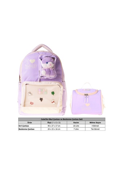Calacilo Kız Çocuk İlkokul Sırt Çantası Ve Beslenme Seti - K-pop Lilac Peluş Ayı Aksesuarlı Lila Setcc-c4104b