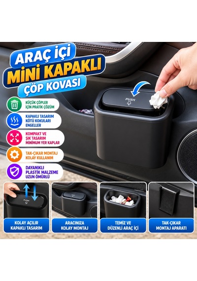 Araç İçi Takılarak Sabitlenebilen Mini Kapaklı Çöp Kovası 15x25cm Araç İçi Takılarak Sabitlenebilen Mini Kapaklı Çöp Kovası 15x25cm