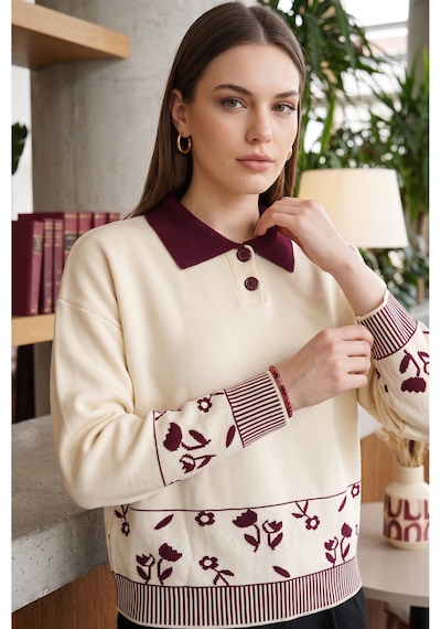 Sayzen Your Shine Çiçek Desenli Gömlek Yaka Regular Fit Kadın Triko Kazak Bordo