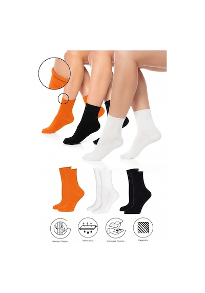 Saysez Bambu Kadın Lastiksiz Siyah-beyaz-turuncu Soket Dikişsiz Premium Çorap 3'lü Paket / İz Bırakmaz / Sıkmayan Çorap Çok Renkli