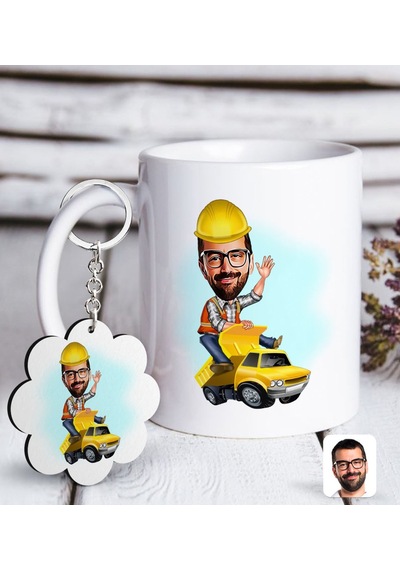 Kişiye Özel Erkek Yol Mühendisi Karikatürlü Beyaz Kupa Ve Anahtar