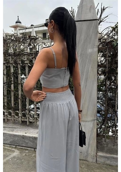 Defymoda Crop Plazzo Pantolon Takım 10155-08 Gri
