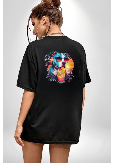 Tatil Köpek Soğuk Kokteyl İçeçek Siyah Oversize Unisex Ön Ve Sırt Baskılı Tişört Siyah