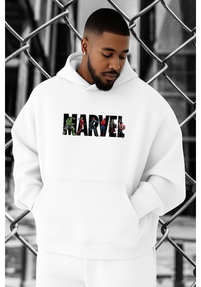 Benroma 3 İplik Penye Marvel Baskılı Büyük Beden Sweatshırt Beyaz