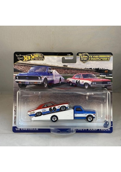 Hot Wheels Premium Team Transport 66 Chevelle With '72 Chevy Ramp Truck 1/64 Model Araba