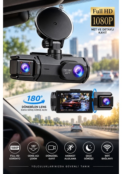 Ön Arka Kamera 1080p Full Hd Wifi 180 Geniş Açı Şarjlı - Lisinya