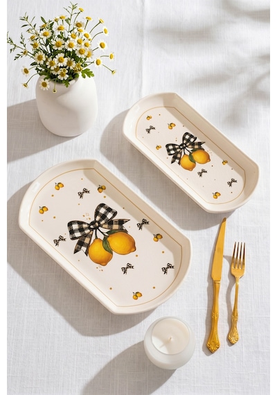 Porsima Lemon Porselen 2li Kayık Tabak Seti - Oval Kahvaltılık Sunumluk Seti Beyaz