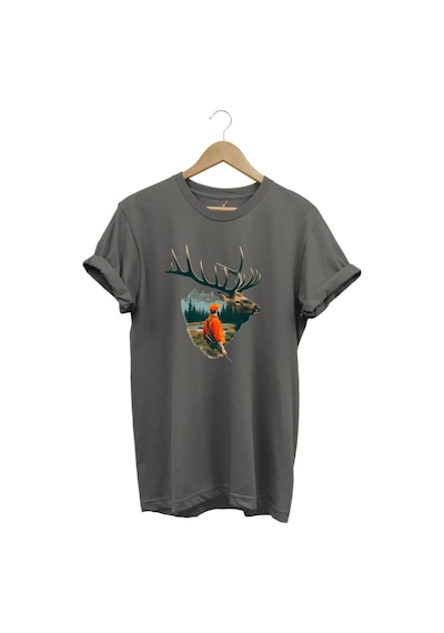 Doğa Avcılık Geyik Ve Avcı Tema Baskılı %100 Pamuk Gri T-shirt Antrasit