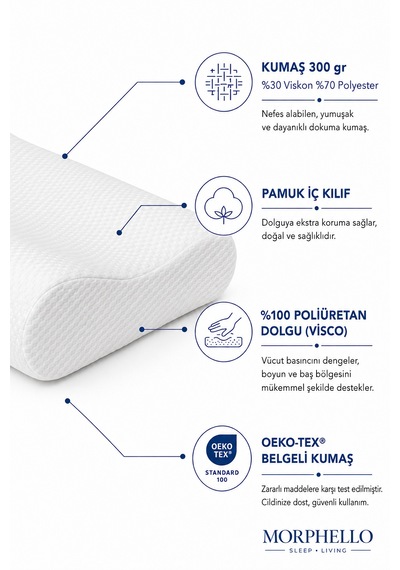 Morphello Ortopedik Boyun Destekli Visco Yastık 60x40 Cm Orta Sert, Yıkanabilir Kılıflı Ergonomik Yastık Beyaz