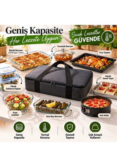 Microcase Isı Yalıtımlı Termal Hacimli Piknik Malzemesi Borcam Ve Yemek Taşıma Çantası Siyah 47 X 32 X11 Cm Al7041