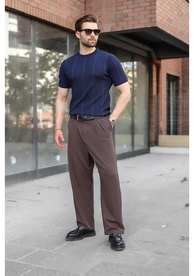 Madmext Lacivert Regular Fit Bisiklet Yaka Fitilli Triko Erkek Tişört E7490