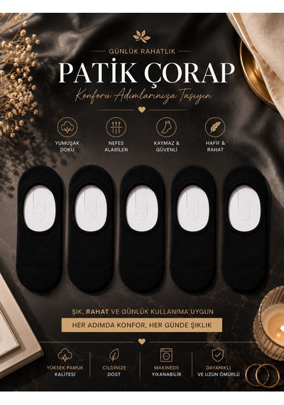 Çorap Vitrini 5'li Paket Siyah Babet Çorabı - Görünmez Patik Çorap Kaymaz Silikonlu