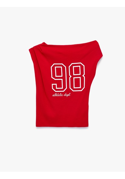 Koton Pamuklu Omzu Açık Asimetrik Kısa Kollu Slim Fit Baskılı Tişört Kırmızı 6sal10882ık