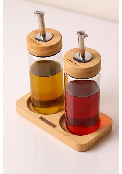 Bambu Kapaklı Cam Yağlık & Sirkelik Seti 2'li Standlı 200ml Şeffaf