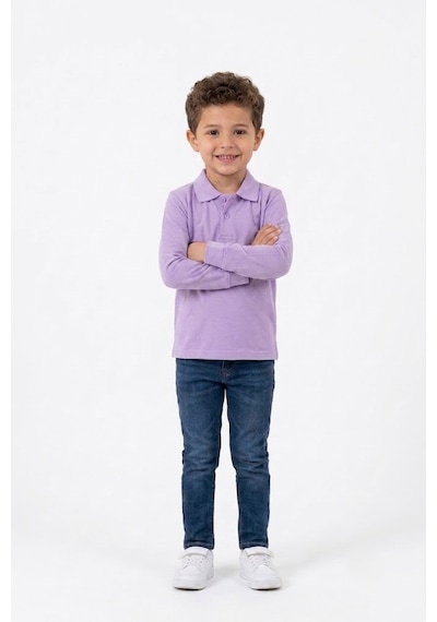 Nacar Store Unisex Çocuk Uzun Kollu Polo Yaka Lakost Okul Tişörtü Lila