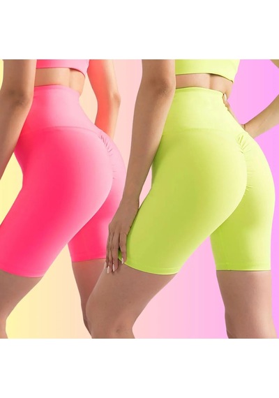 Lismina Neon Pembe Arkası Büzgülü Scrunch Butt Midi Şort Tayt Neon Pembe