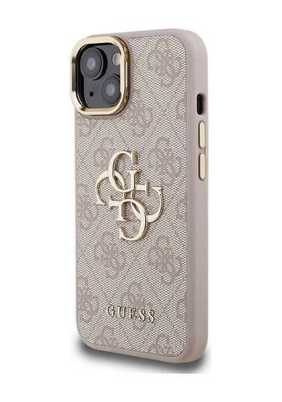 Apple Uyumlu iPhone 15 Kılıf Guess Lisanslı Metal 4g Ve Yazı Logolu Kamera Standlı Kapak Pembe