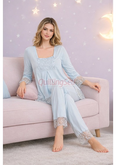 Quilling Bebe Mavi Renkli Dantel Detaylı, 33203, 2 Parça Lohusa Hamile Pijama Takımı Açık Mavi