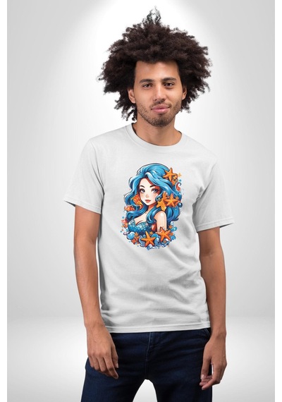 Deniz Kızı Deniz Yıldızı Mavi Saçlı Unisex Unisex Beyaz Organik Baskılı T-shirt Penye Yüksek Kalite Beyaz