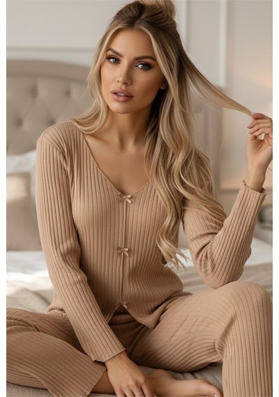 Siyah İnci Fitilli Kaşkorse Uzun Kollu Pijama Takım 7937 Vizon