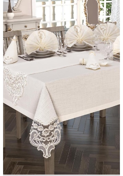 Crown Linen Fransız Güpürlü Masa Örtüsü Takımı 26 Parça Krem