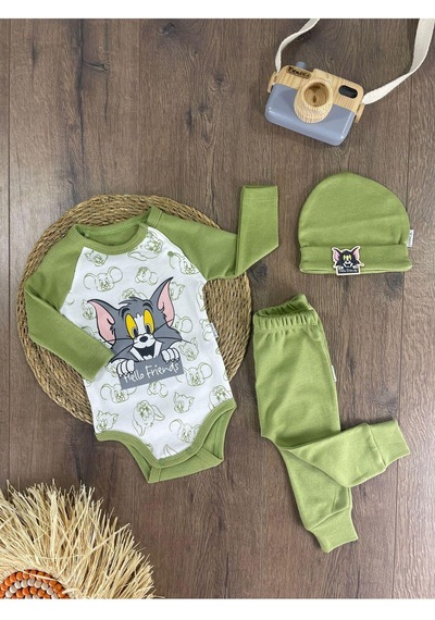 2d2b Hello Friends Alttan Çıtçıtlı Bereli Unisex 3lü Bebek Takım Yeşil
