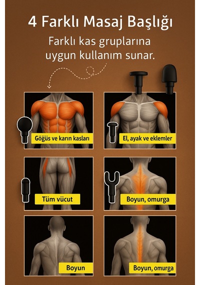Derin Kas Masaj Tabancası Titreşimli, 4 Başlıklı, Kablosuz Şarjlı Siyah - 785794118