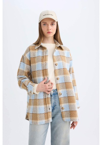 Defacto Relax Fit Gömlek Yaka Kareli Flanel Uzun Kollu Gömlek Tunik D4774AX24AUBE409 Mavi