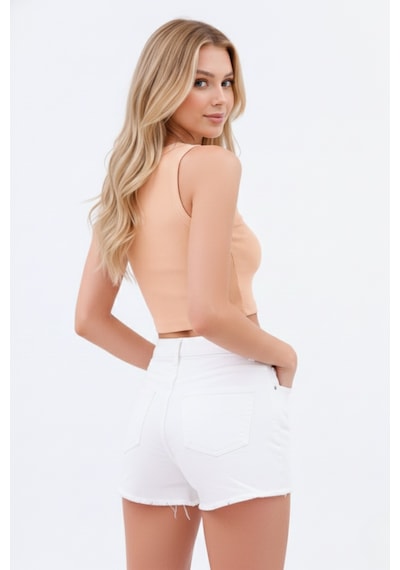 Zedefx Kadın Halter Yaka Pencere Detaylı Crop Bluz Turuncu