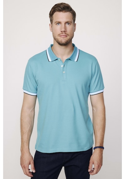 Tudors Erkek Polo Yaka Slim Fit Yaka Ve Kol Şeritli Pike Turkuaz Tişört-27799-Turkuaz