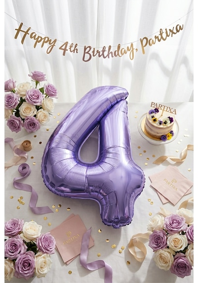32 İnç Mor Rakam 4 Folyo Balon Çok Renkli