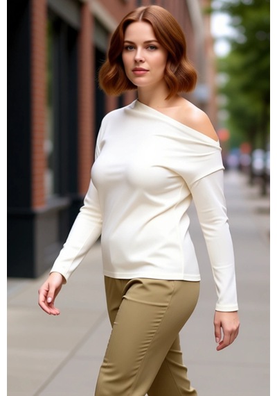 Ersefa Kadın Ekru Viskon Ribana Basic Bluz Asimetrik Yaka Cool & Comfort