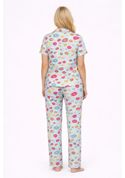 Burcumay Kadın Çok Renkli Donut Desenli Kısa Kollu Yazlık Pijama Takımı Çok Renkli