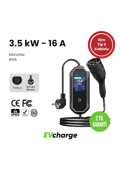 Evcharge 3.5kw 16a Elektrikli Araç Şarj Cihazı,10mt Tp2 Kablolu, Taşıma Çantası 3.5 Kw