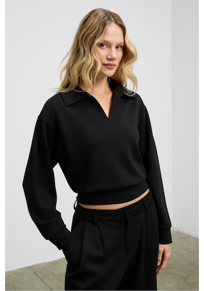 Grımelange Regno Kadın Gömlek Yaka Kol Ve Etek Ucu Manşetli Uzun Kollu Oversize Siyah Sweatshirt Siyah Grımelange Regno Kadın Gömlek Yaka Kol Ve Etek Ucu Manşetli Uzun Kollu Oversize Siyah Sweatshirt Siyah