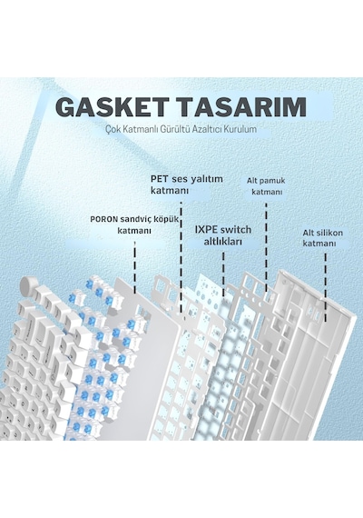 Ak820 Kablolu Mekanik Oyun Klavyesi , Mavi Işıklı, Beyaz, 82 Tuş, Hot Swap, Anti Ghosting