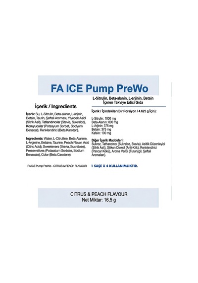 Fa Nutrition Ice Pump Pre-workout Icy Citrus & Peach 16,5 Gr 1 Saşe 2 Kullanım 10 Adet Şeftali