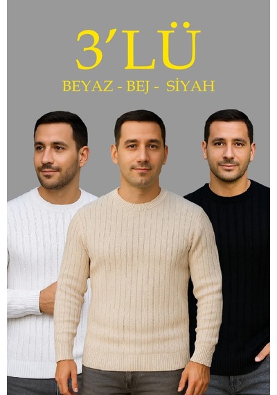 Erkek Fitilli Triko Kazak 3 Lü Set Bej Beyaz Siyah Kalın Dokuma Pamuklu Regular Fit Siyah - Beyaz - Bej