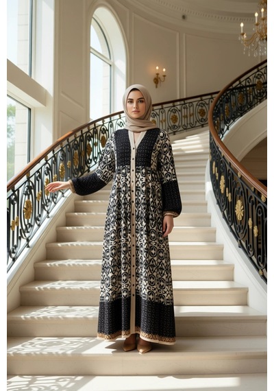Benerly Kadın Maxi Viskon Dokuma Elbise Hakim Yaka Reglan Kol Etnik Desen Siyah