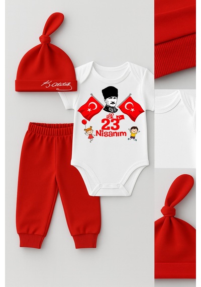 Babyden's İlk 23 Nisan Bayramı Bebek Takımı Atatürk Baskılı %100 Pamuk Kısa Kollu Body Pantolon Şapka Seti Kırmızı - Beyaz