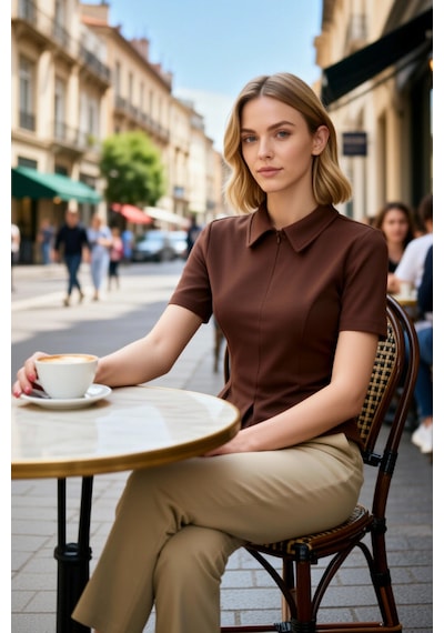 Benerly Kadın Bluz Peplum Polo Yaka Kısa Kol İnterlok Örme Düz Desen Yarı Koyu Kahverengi