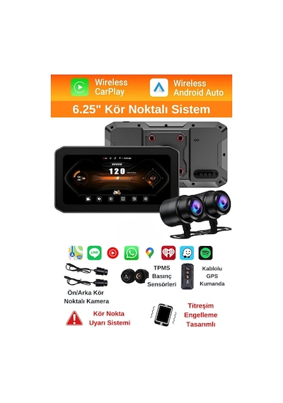 Kör Noktalı 6.25'' Kör Nokta Uyarılı Lastik Basınç Sensörlü 2k Full Hd Motosiklet Çift Kayıt