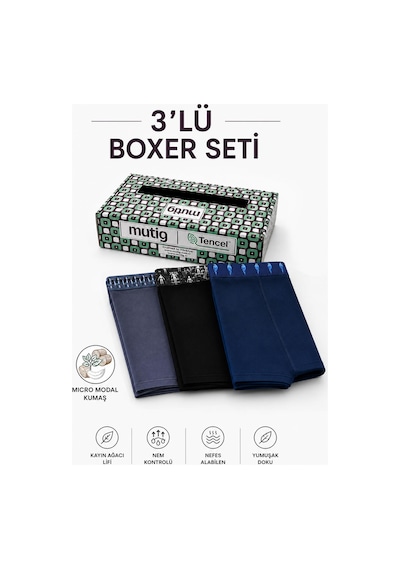 Mutig Tencel Modal Erkek Boxer 3'lü Siyah - Lacivert