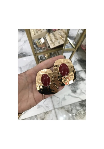 Gold Ezme Model Bordo Detaylı Zarif Küpe Altın