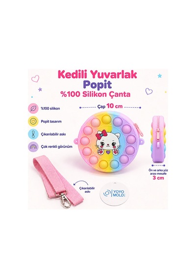 %100 Silikon Yuvarlak Çok Renkli Kedili Popit Çanta