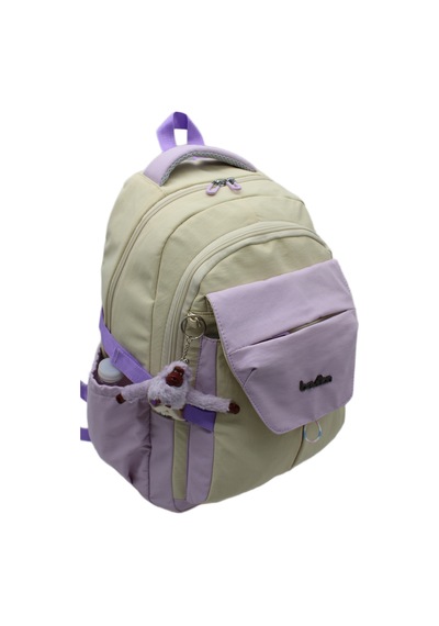 Günlük Sırt Çantası Unisex Çok Bölmeli Okul Çantası 2601 Bej-lila Beyaz - Lila